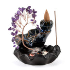 LIVMORE Amethyst Natural Gemstone Tree & Ceramic Backflow Incense Burner - Includes 20pc Sticks & Cones - Purple & Black