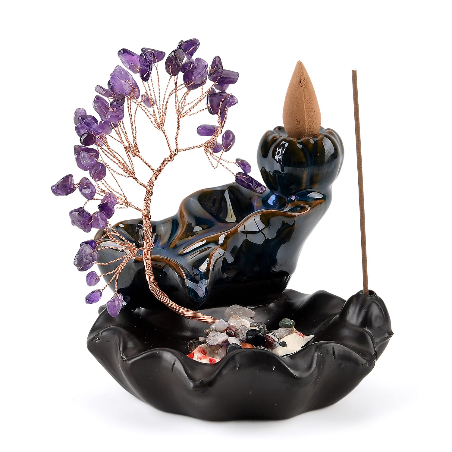 LIVMORE Amethyst Natural Gemstone Tree &amp; Ceramic Backflow Incense Burner - Includes 20pc Sticks &amp; Cones - Purple &amp; Black V32514375 5