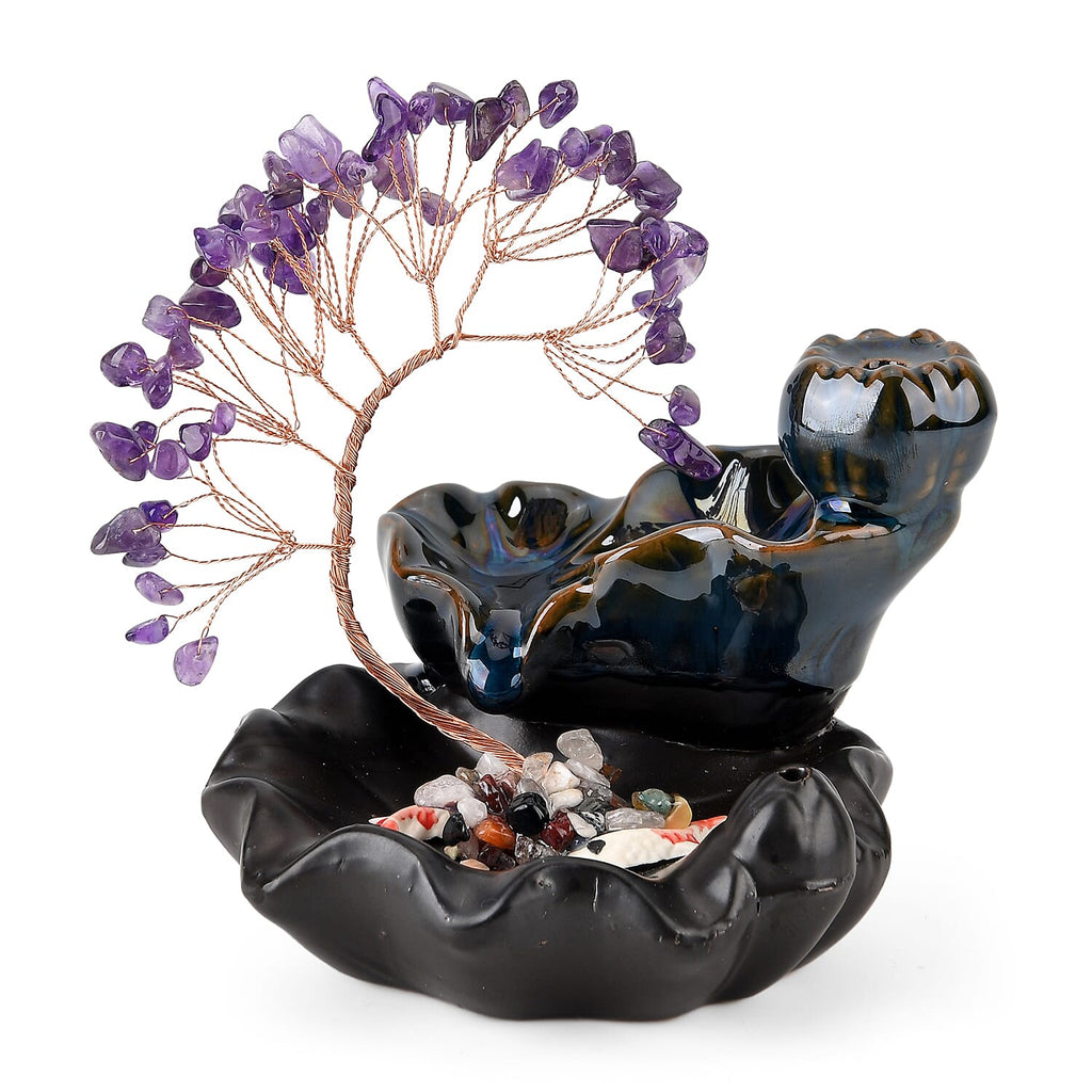 LIVMORE Amethyst Natural Gemstone Tree & Ceramic Backflow Incense Burner - Includes 20pc Sticks & Cones - Purple & Black
