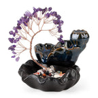 LIVMORE Amethyst Natural Gemstone Tree & Ceramic Backflow Incense Burner - Includes 20pc Sticks & Cones - Purple & Black