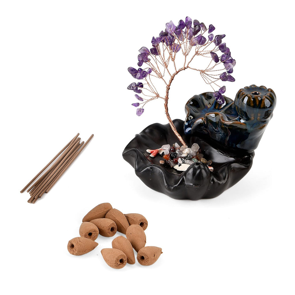 LIVMORE Amethyst Natural Gemstone Tree & Ceramic Backflow Incense Burner - Includes 20pc Sticks & Cones - Purple & Black