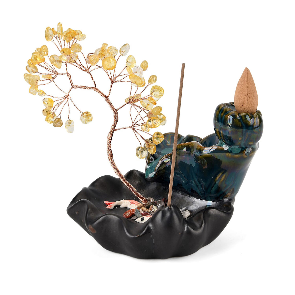 LIVMORE Citrine Natural Gemstone Tree &amp; Ceramic Backflow Incense Burner - Includes 20pc Sticks &amp; Cones - Yellow &amp; Black V32513225 0