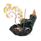 LIVMORE Citrine Natural Gemstone Tree & Ceramic Backflow Incense Burner - Includes 20pc Sticks & Cones - Yellow & Black