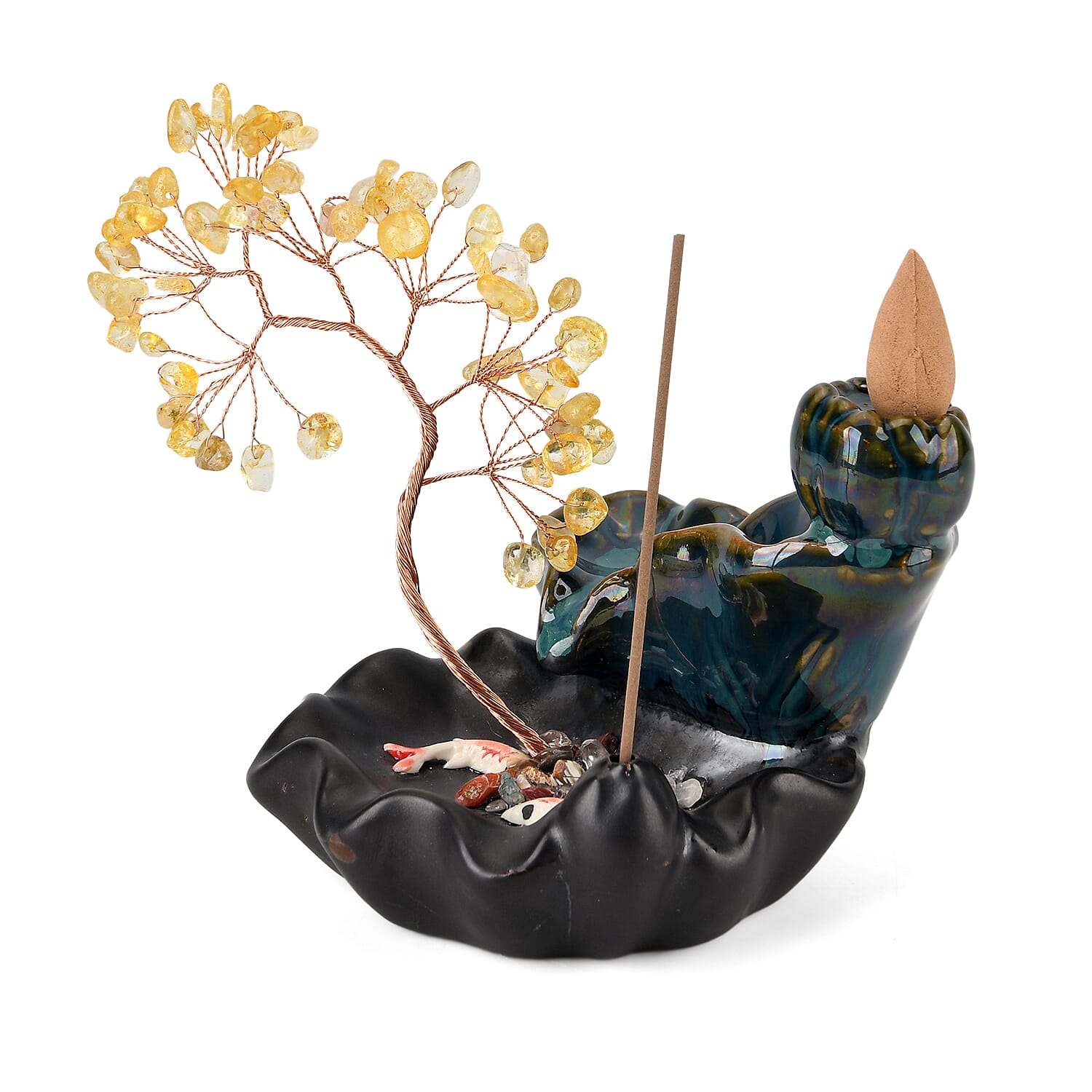 LIVMORE Citrine Natural Gemstone Tree &amp; Ceramic Backflow Incense Burner - Includes 20pc Sticks &amp; Cones - Yellow &amp; Black V32513225 0