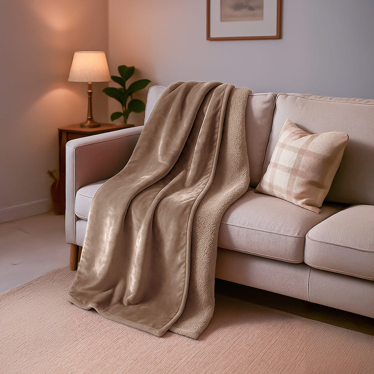 LIVMORE- Double-Sided Cozy 550 gsm Faux Fur Blanket (Size 200x150 cm) - Taupe 8188542 0
