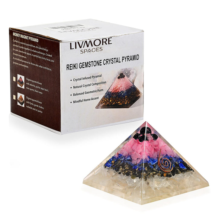 LIVMORE Gemstone Orgone Decorative Pyramid (5cm) With Selenite, Pyrite, Lapis Lazuli, Rose Quartz and Black Onyx V32367561 1