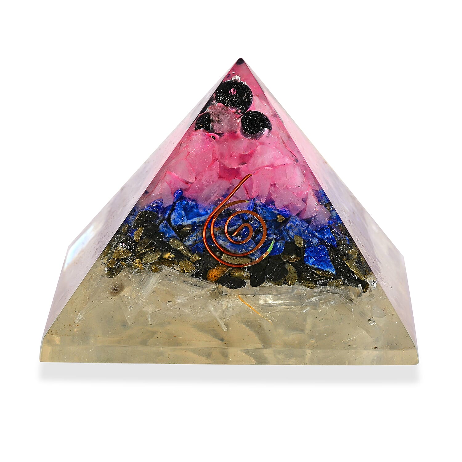 LIVMORE Gemstone Orgone Decorative Pyramid (5cm) With Selenite, Pyrite, Lapis Lazuli, Rose Quartz and Black Onyx V32491295 4