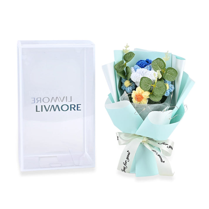 LIVMORE Handmade Knitted Flower Bouquet with 10 LED Lights (26cm) - Turquoise V32370638 1