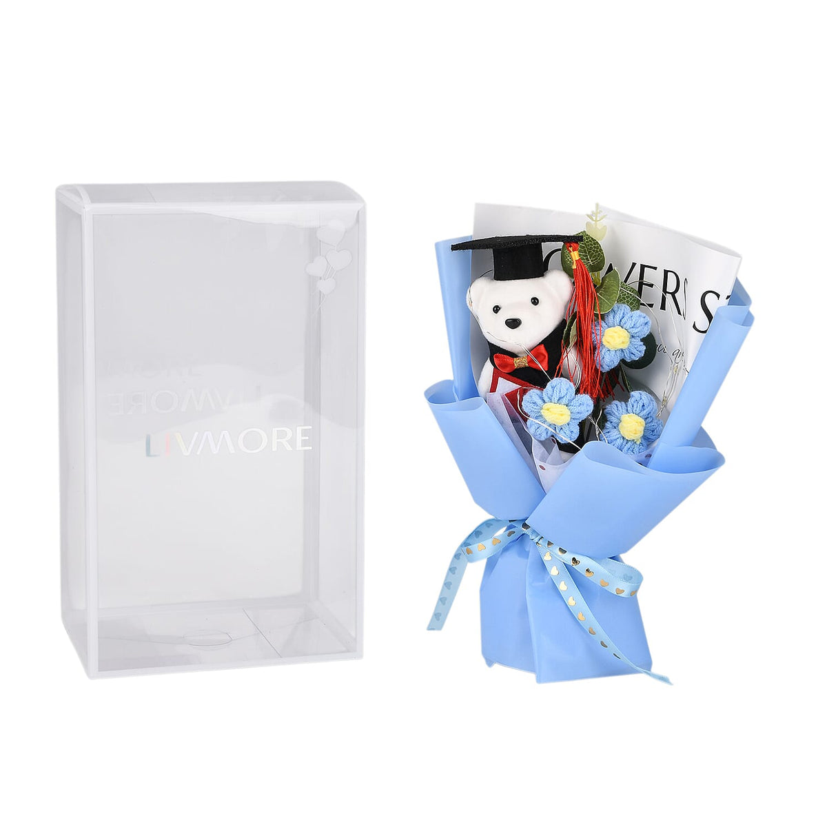 LIVMORE Handmade Knitted Flower Bouquet with Little Bear &amp; LED Lights (26cm) - Blue V32514969 0