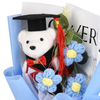 LIVMORE Handmade Knitted Flower Bouquet with Little Bear & LED Lights (26cm) - Blue