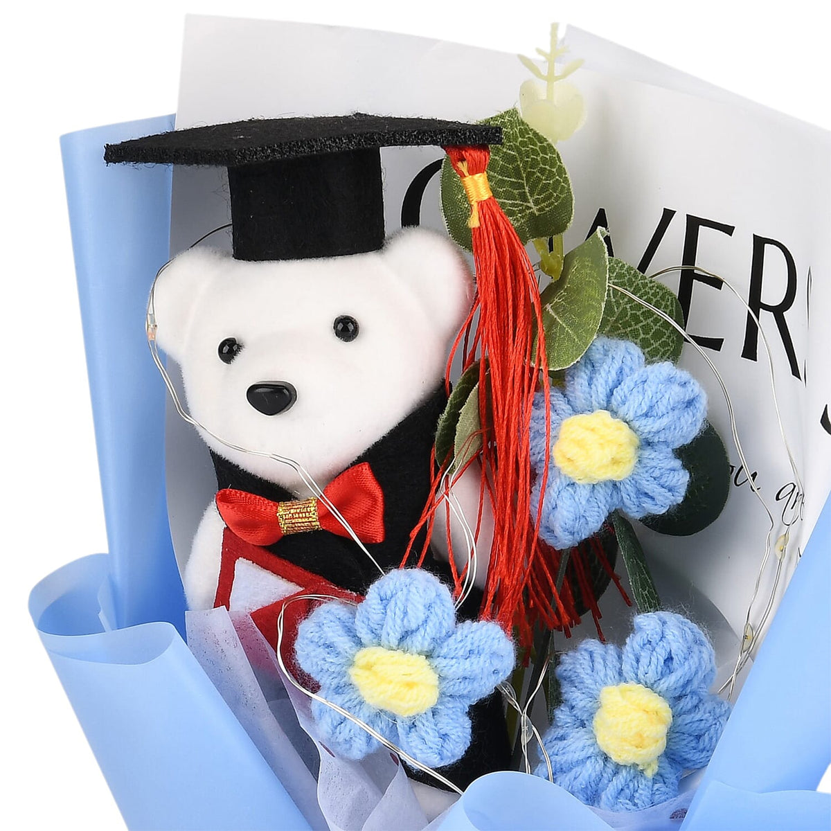 LIVMORE Handmade Knitted Flower Bouquet with Little Bear &amp; LED Lights (26cm) - Blue V32514969 5