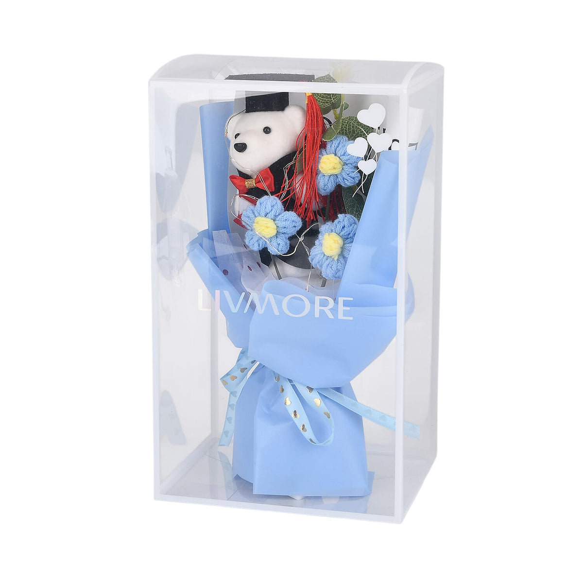 LIVMORE Handmade Knitted Flower Bouquet with Little Bear &amp; LED Lights (26cm) - Blue V32514969 7