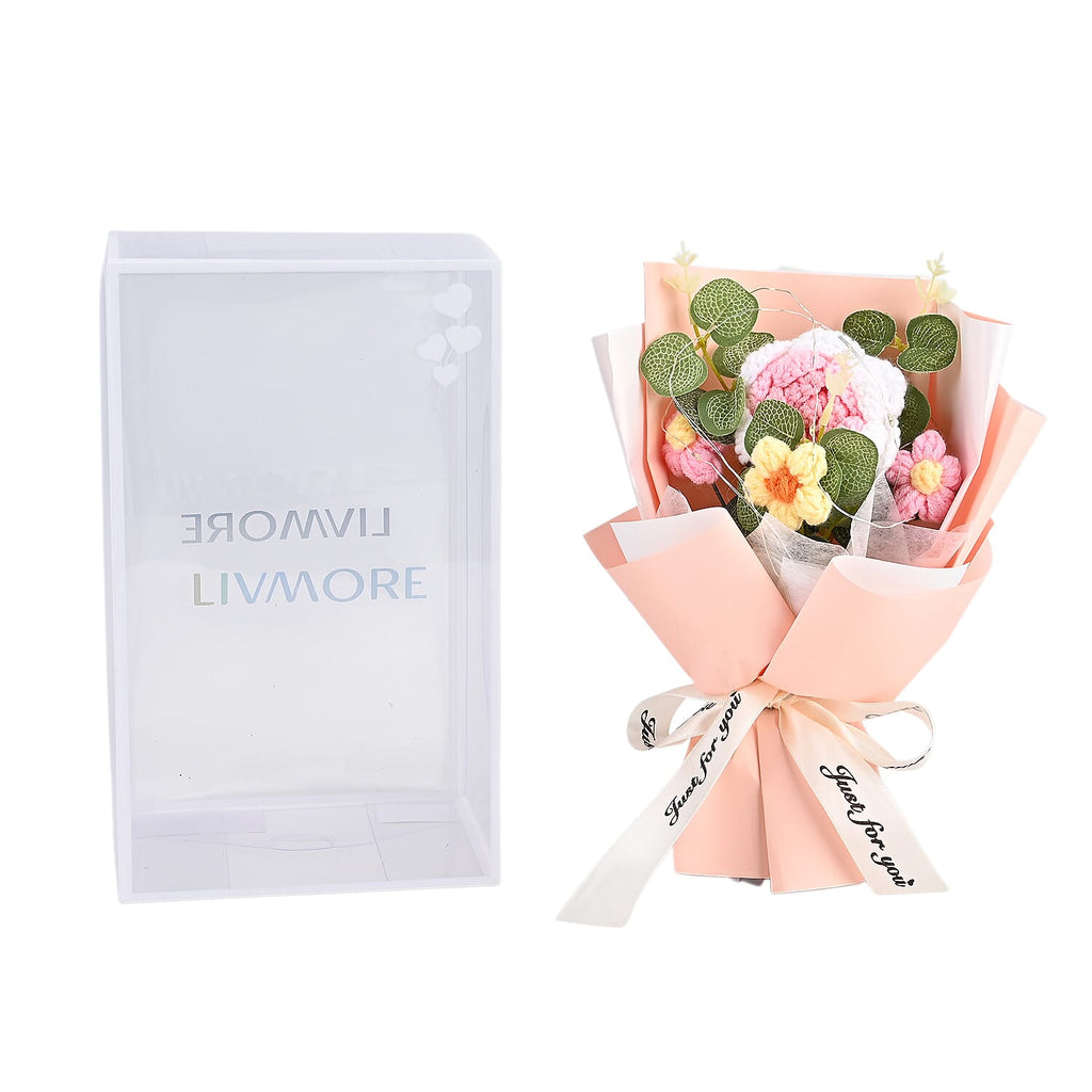 LIVMORE Handmade Knitted Flower Bouquet with 10 LED Lights (26cm) - Light Peach