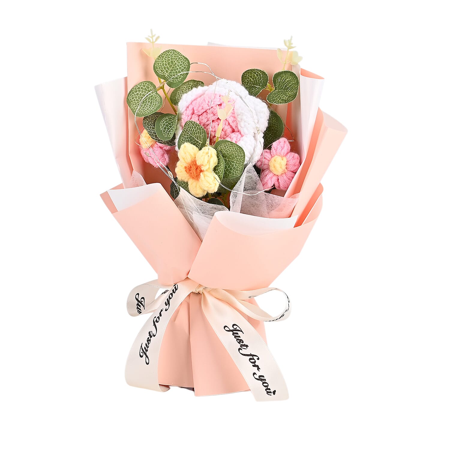 LIVMORE Handmade Knitted Flower Bouquet with 10 LED Lights (26cm) - Light Peach 8282804 3