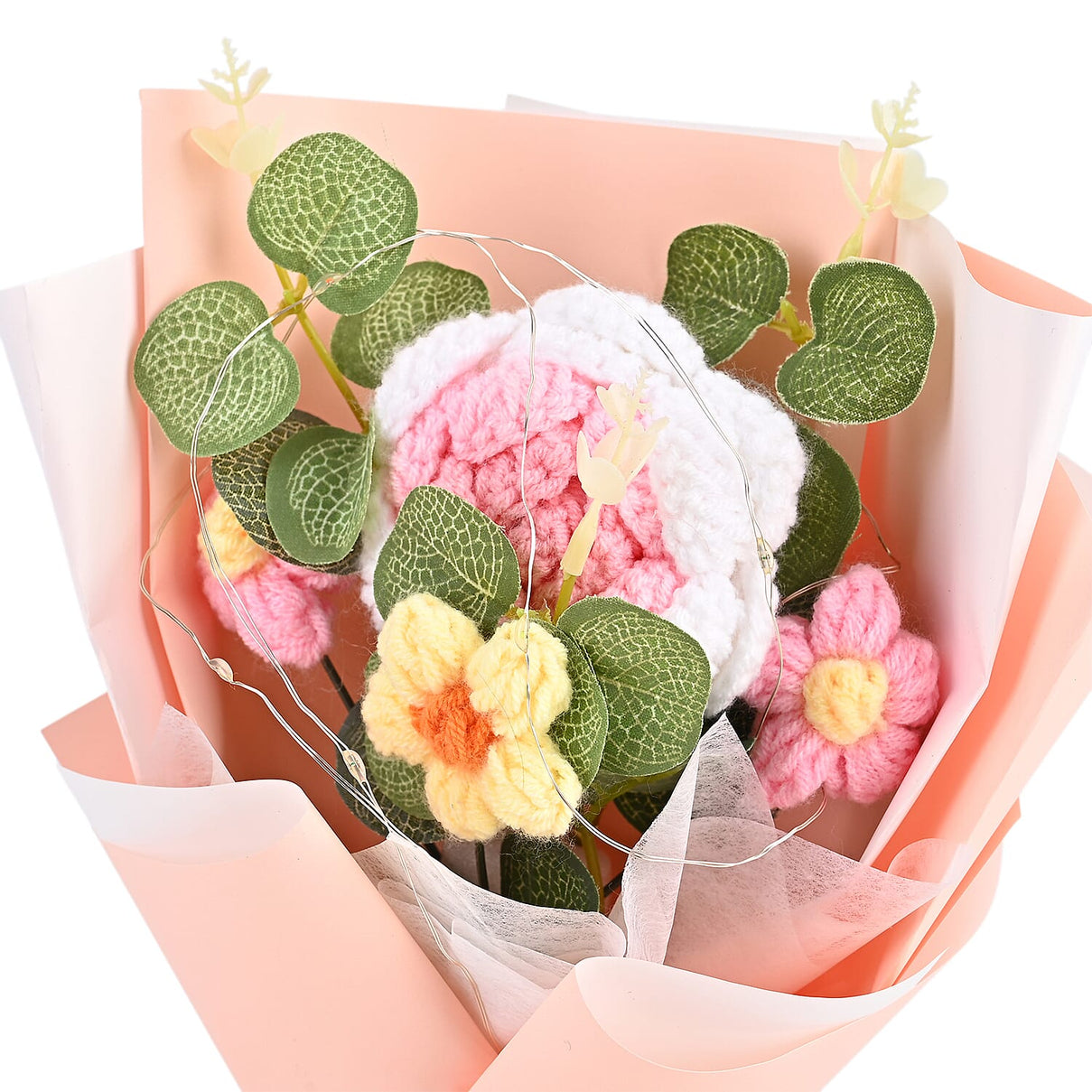 LIVMORE Handmade Knitted Flower Bouquet with 10 LED Lights (26cm) - Light Peach 8282804 5