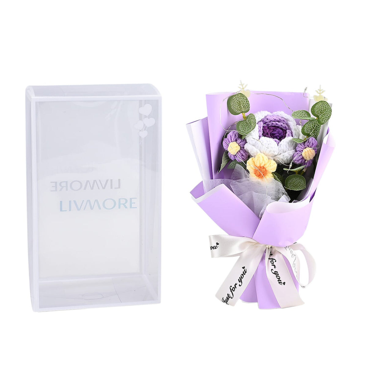LIVMORE Handmade Knitted Flower Bouquet with 10 LED Lights (26cm) - Purple V32577235 0