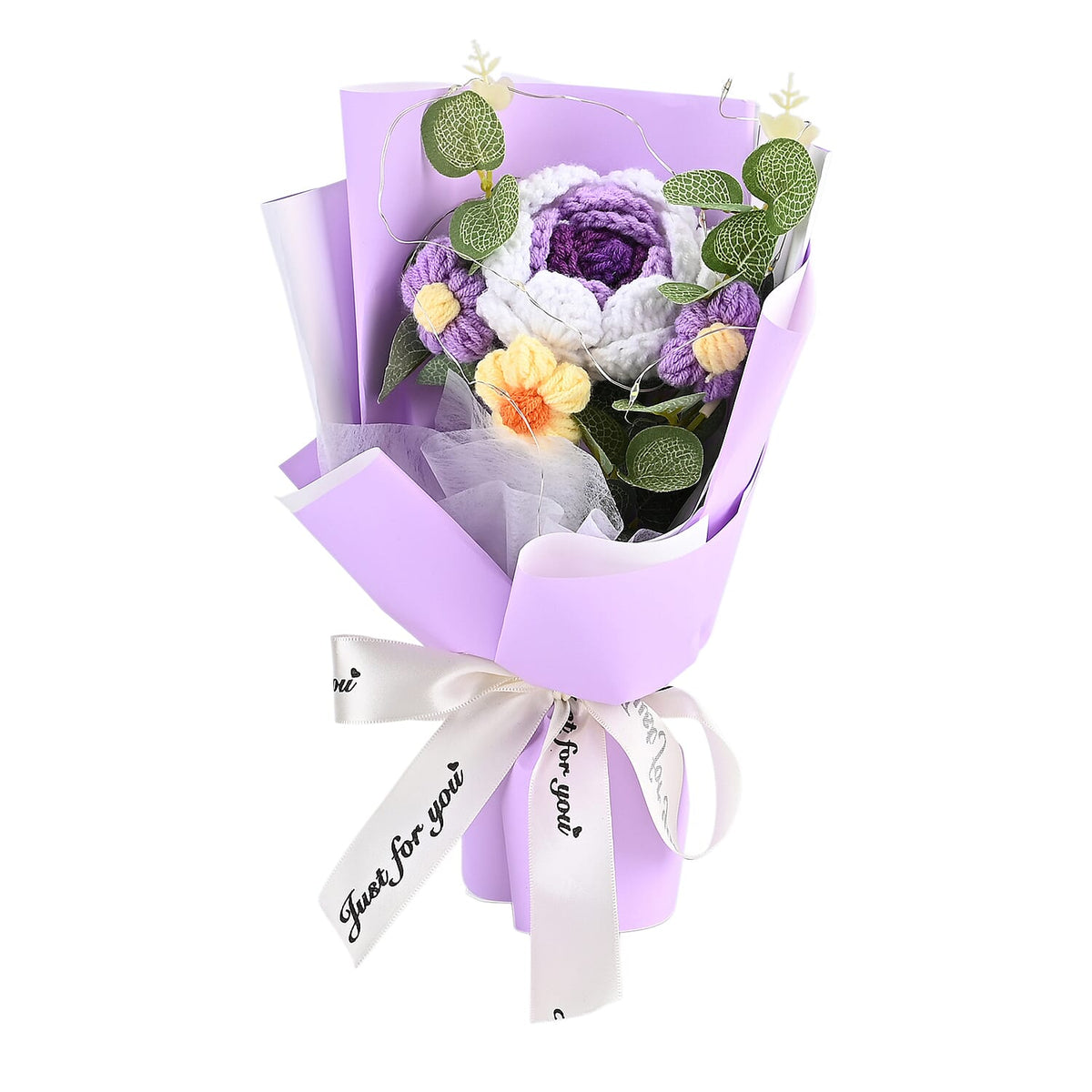 LIVMORE Handmade Knitted Flower Bouquet with 10 LED Lights (26cm) - Purple V32577235 3