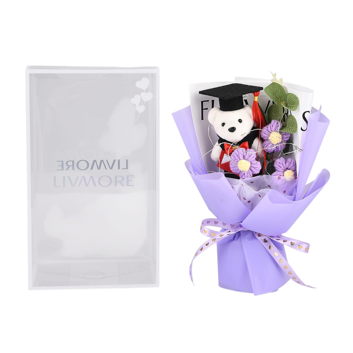 LIVMORE Handmade Knitted Flower Bouquet with Little Bear &amp; LED Lights (26cm) - Purple 8283252 0