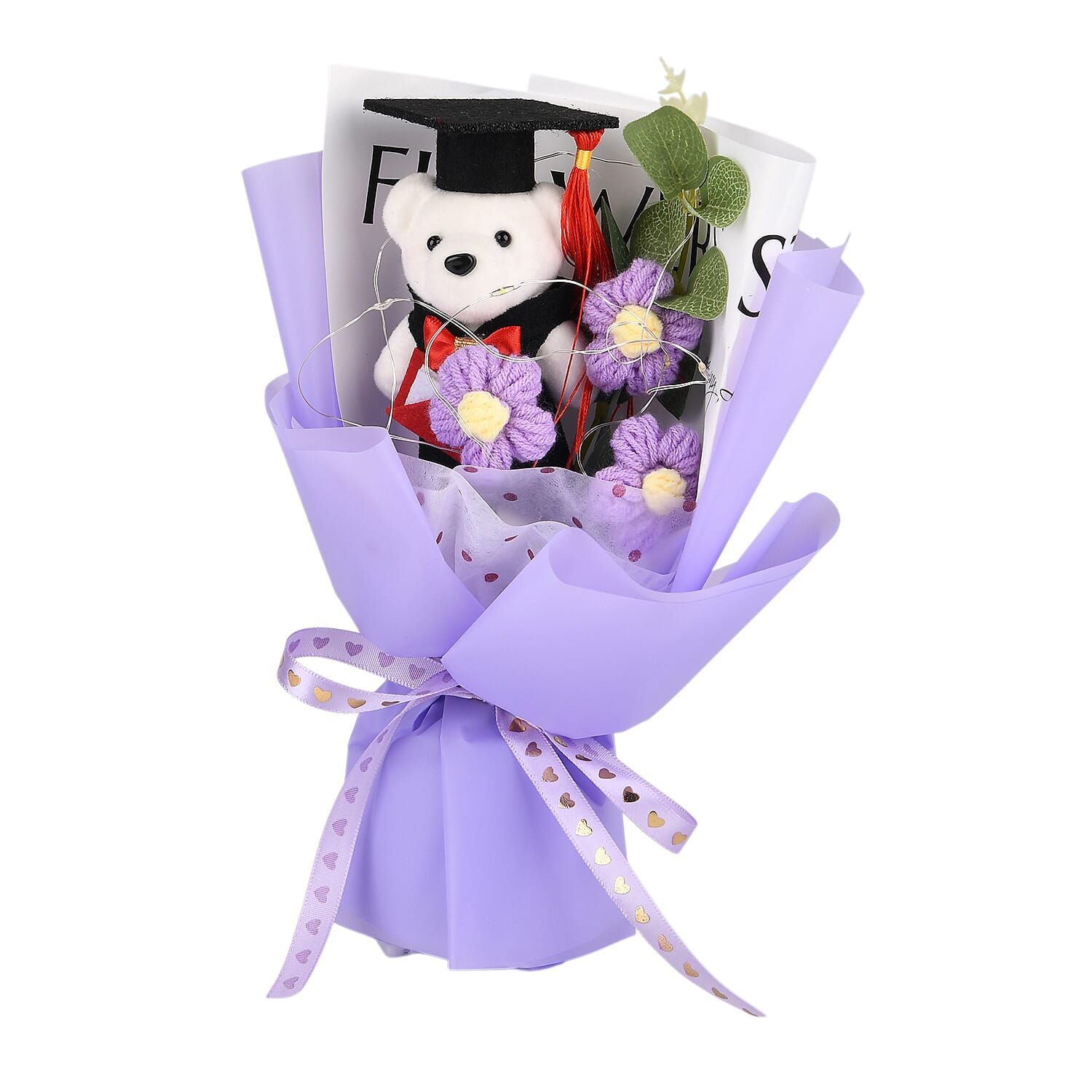 LIVMORE Handmade Knitted Flower Bouquet with Little Bear &amp; LED Lights (26cm) - Purple 8283252 3