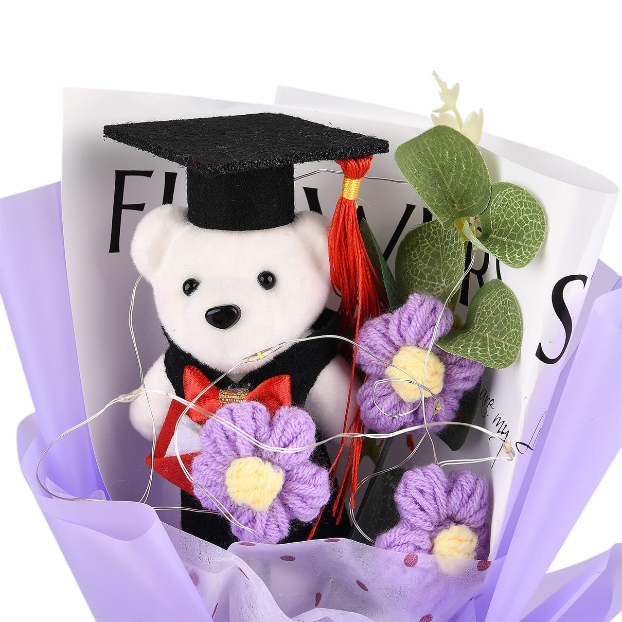 LIVMORE Handmade Knitted Flower Bouquet with Little Bear &amp; LED Lights (26cm) - Purple 8283252 5