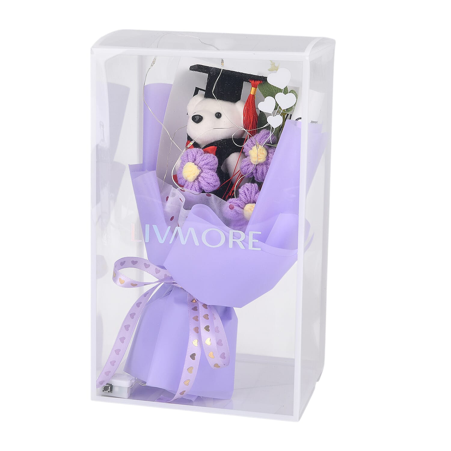 LIVMORE Handmade Knitted Flower Bouquet with Little Bear &amp; LED Lights (26cm) - Purple 8283252 7