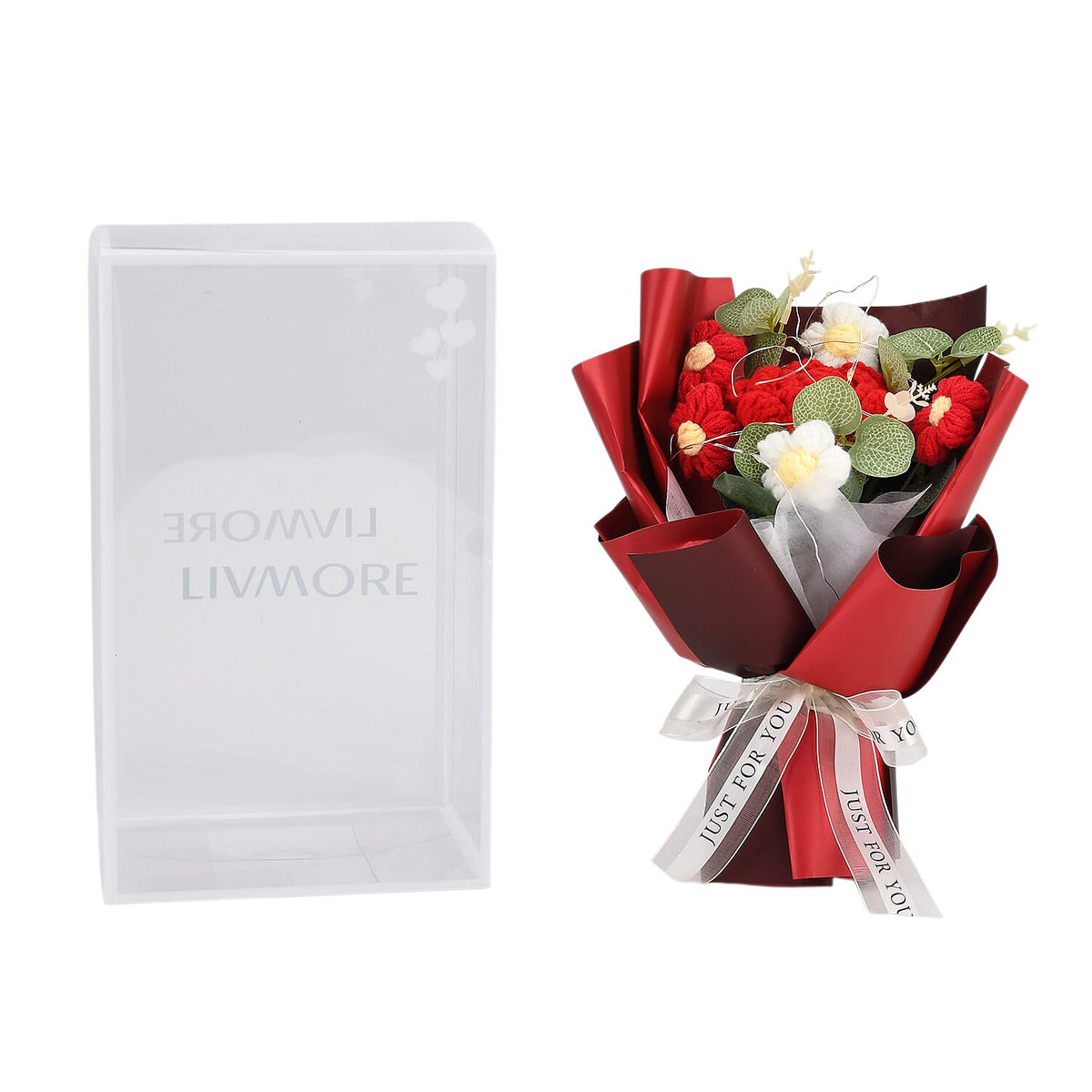 LIVMORE Handmade Knitted Flower Bouquet with 10 LED Lights (26cm) - Red V32514606 0