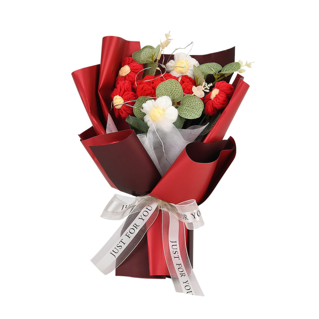 LIVMORE Handmade Knitted Flower Bouquet with 10 LED Lights (26cm) - Red