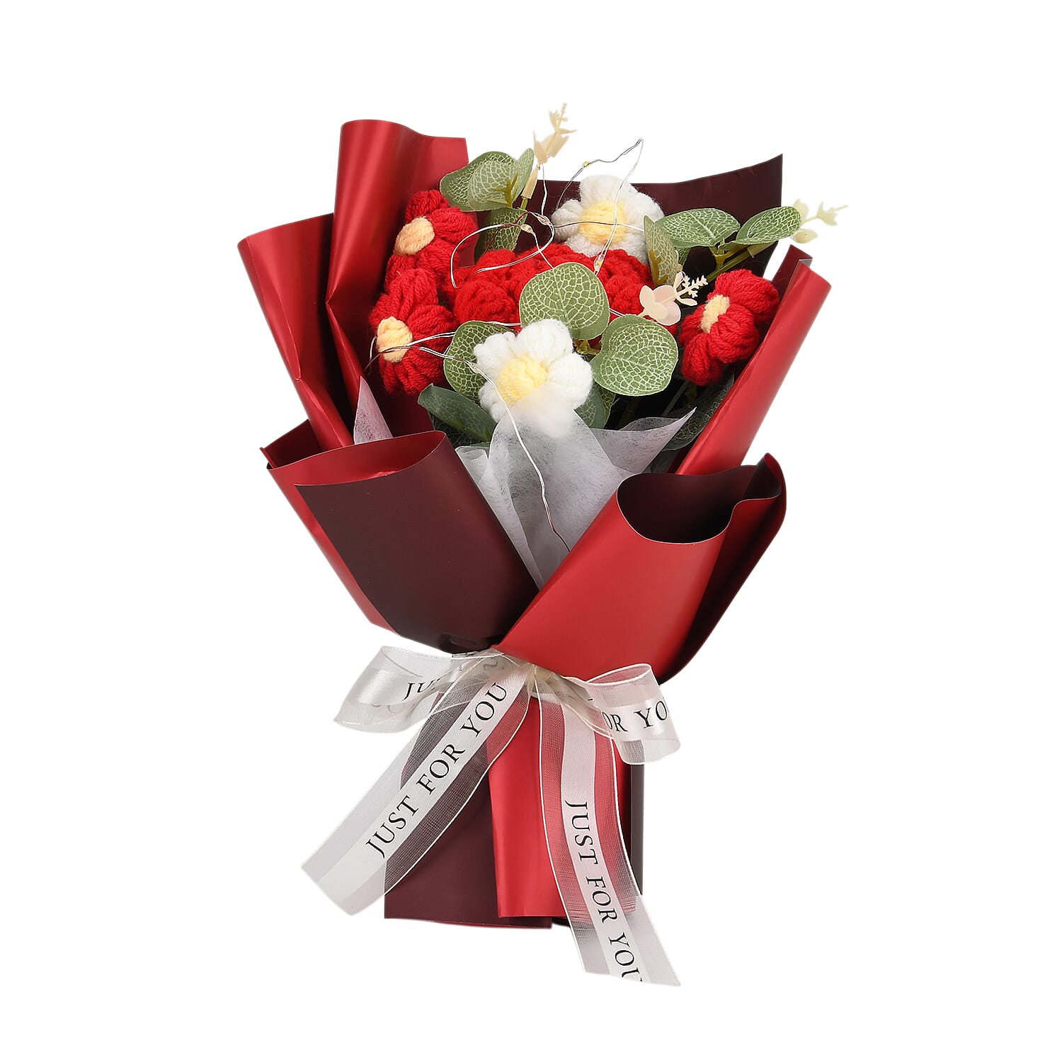 LIVMORE Handmade Knitted Flower Bouquet with 10 LED Lights (26cm) - Red V32514606 3