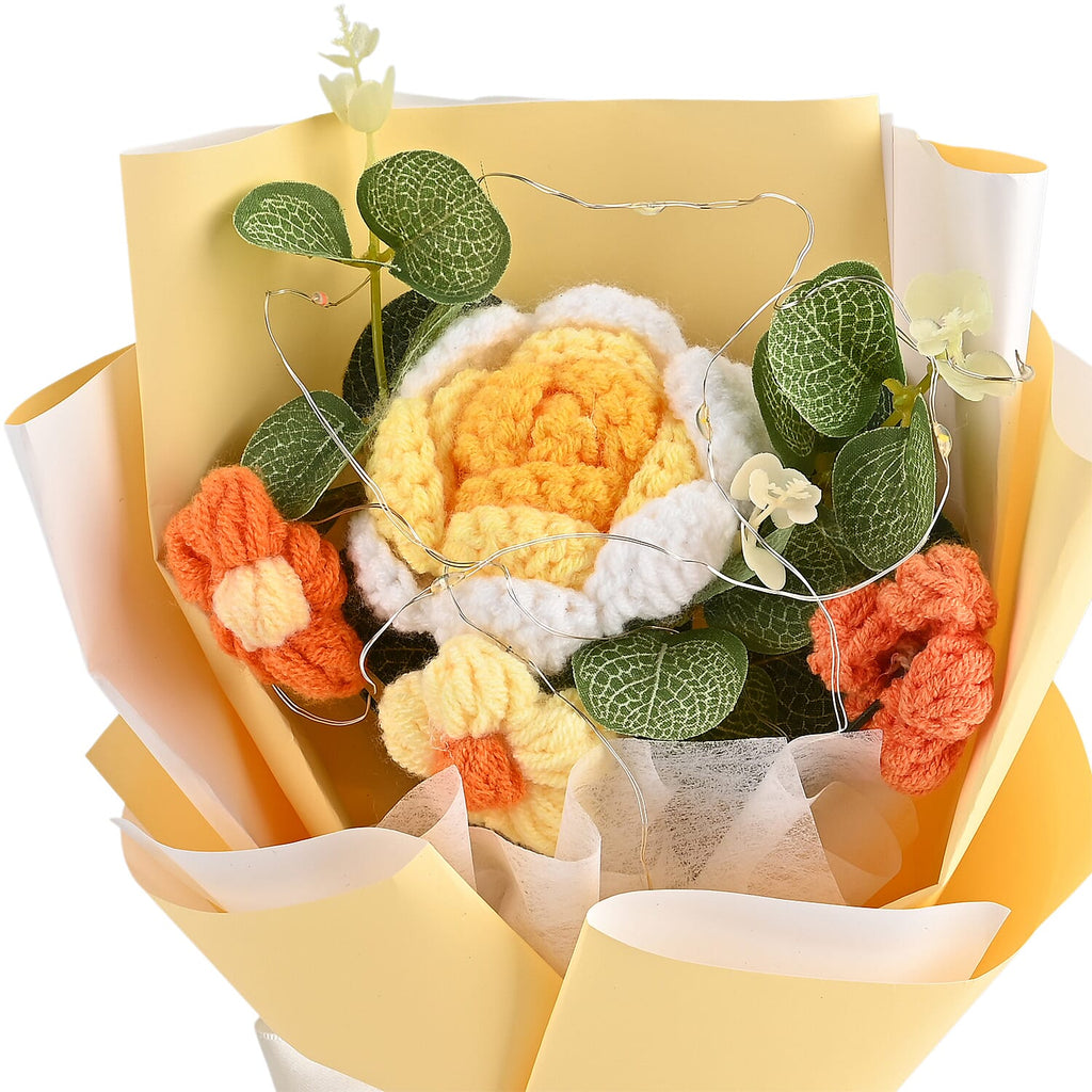 LIVMORE Handmade Knitted Flower Bouquet with 10 LED Lights (26cm) - Yellow