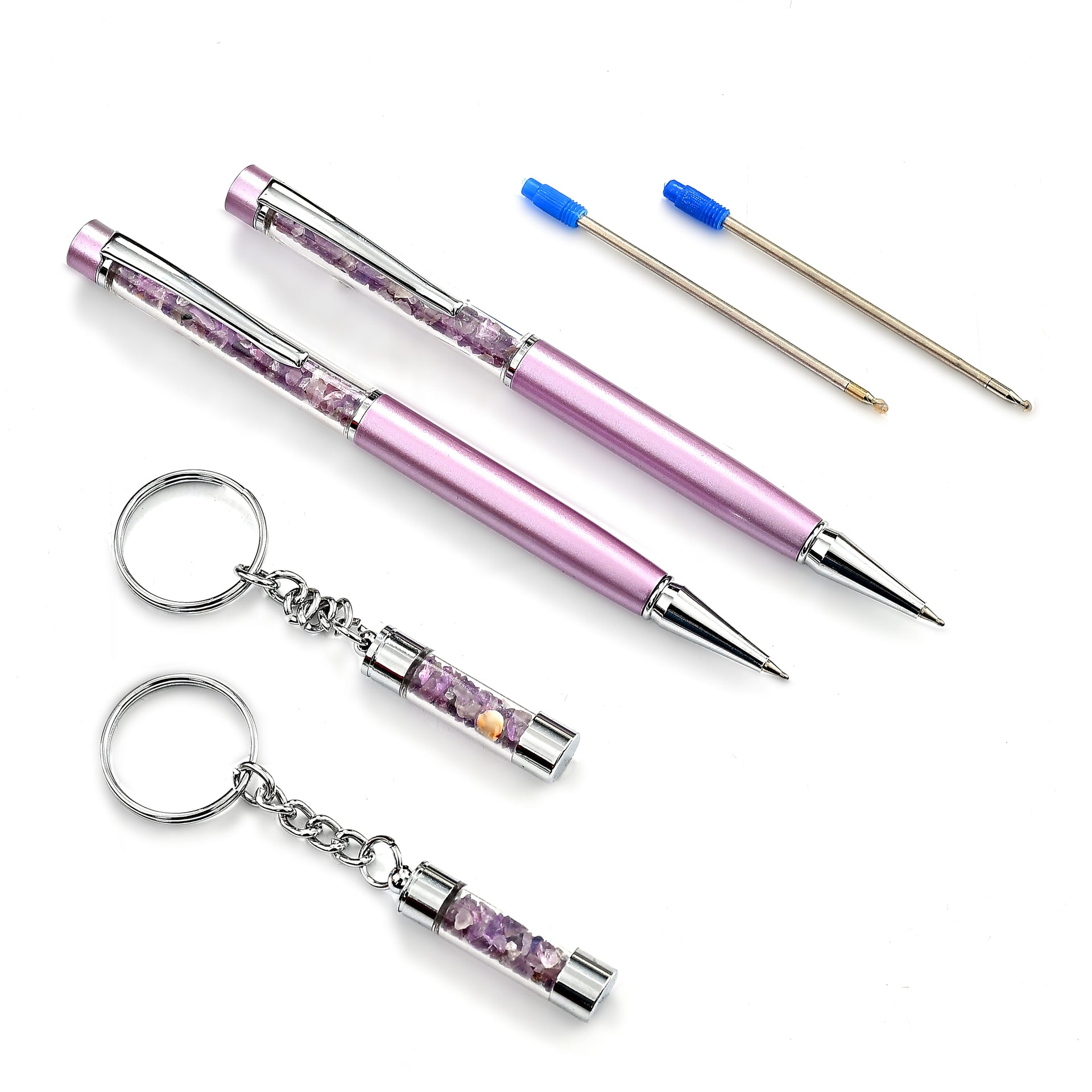 LIVMORE Luxury Set of 2 Amethyst Filled Pens With Refills and 2 Amethyst Filled Key Chains- Charms 8242164 0