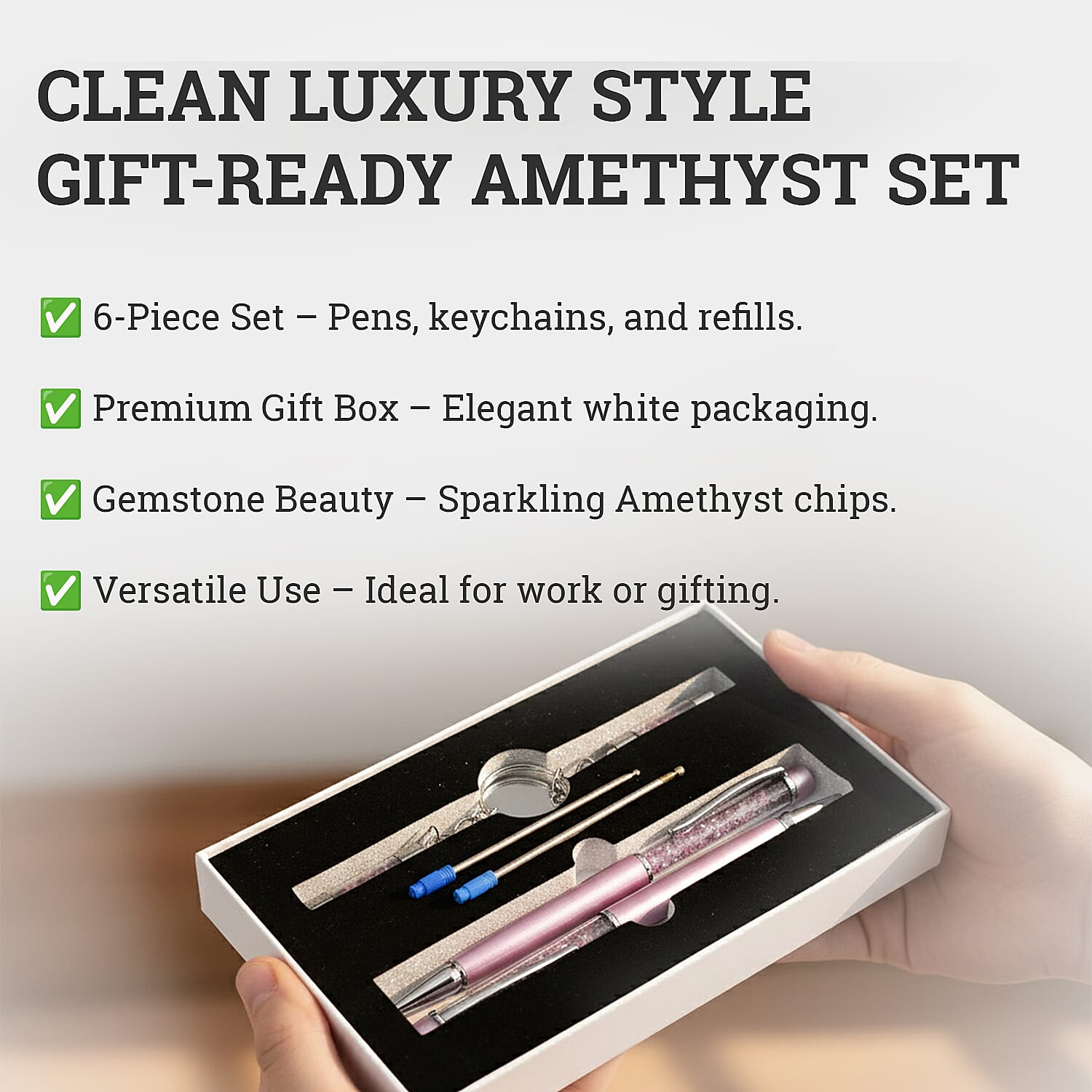 LIVMORE Luxury Set of 2 Amethyst Filled Pens With Refills and 2 Amethyst Filled Key Chains- Charms 8242164 2