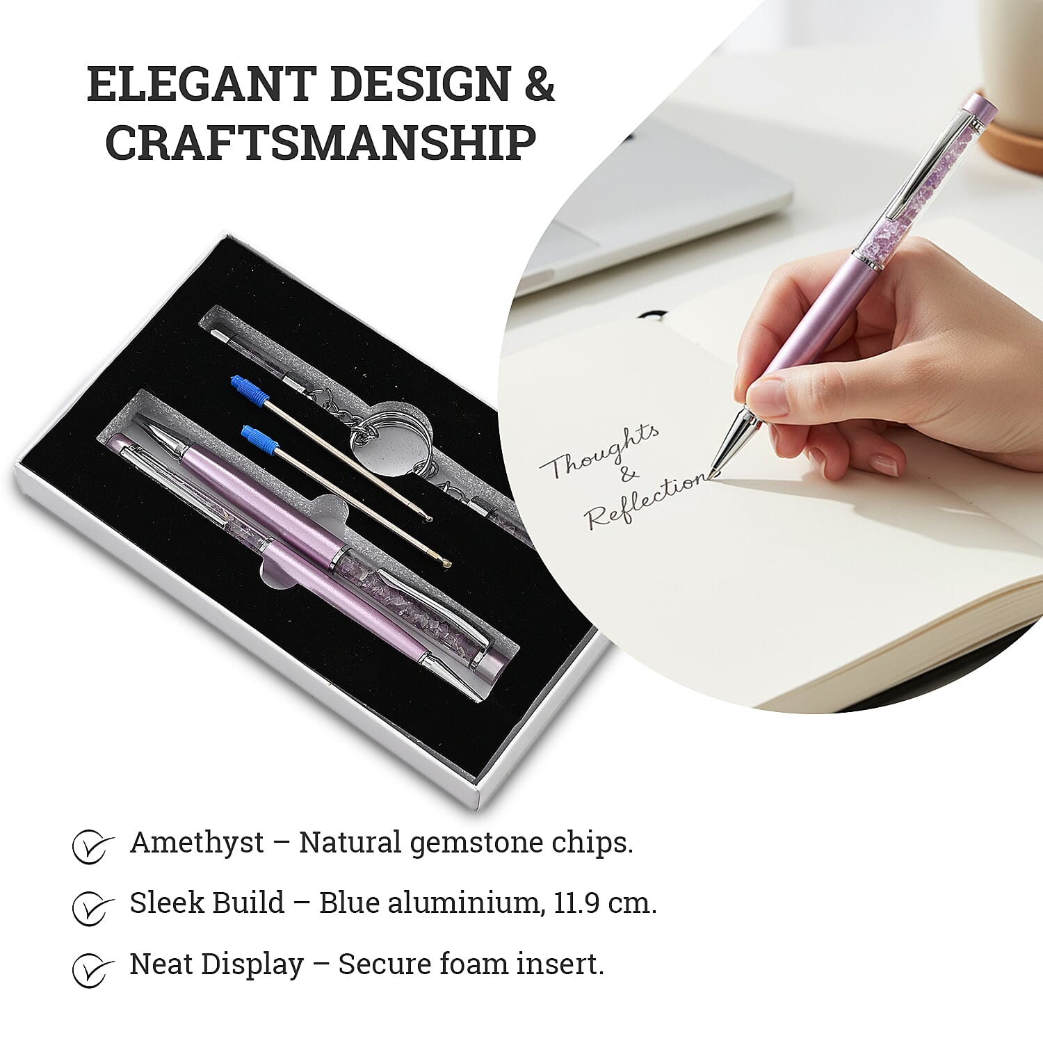 LIVMORE Luxury Set of 2 Amethyst Filled Pens With Refills and 2 Amethyst Filled Key Chains- Charms 8242164 3