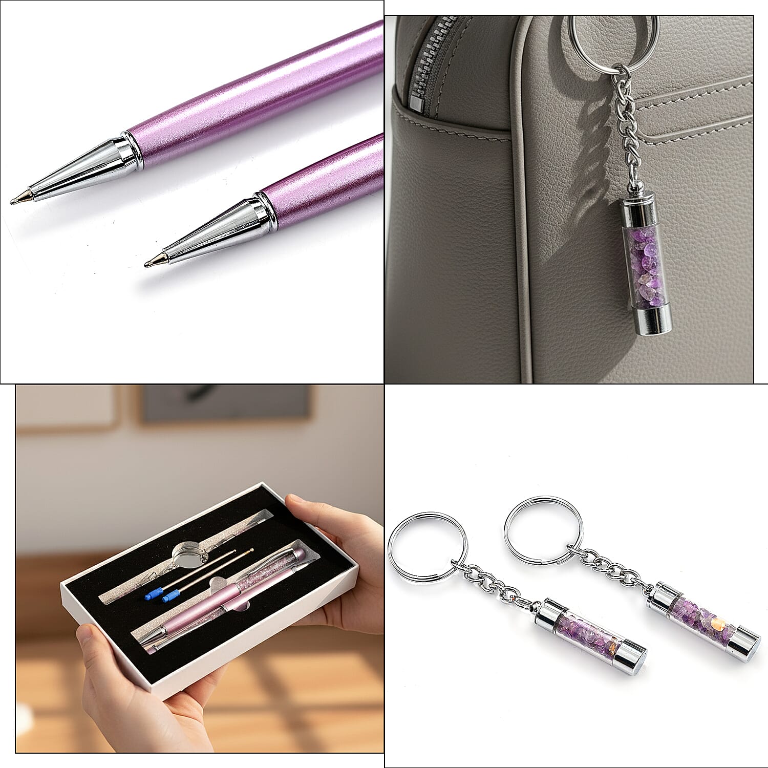 LIVMORE Luxury Set of 2 Amethyst Filled Pens With Refills and 2 Amethyst Filled Key Chains- Charms 8242164 5