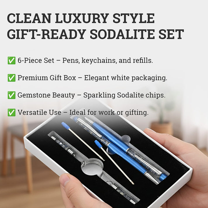 LIVMORE Luxury Set of 2 Sodalite Filled Pens With Refills and 2 Sodalite Filled Key Chains- Charms 8256411 2