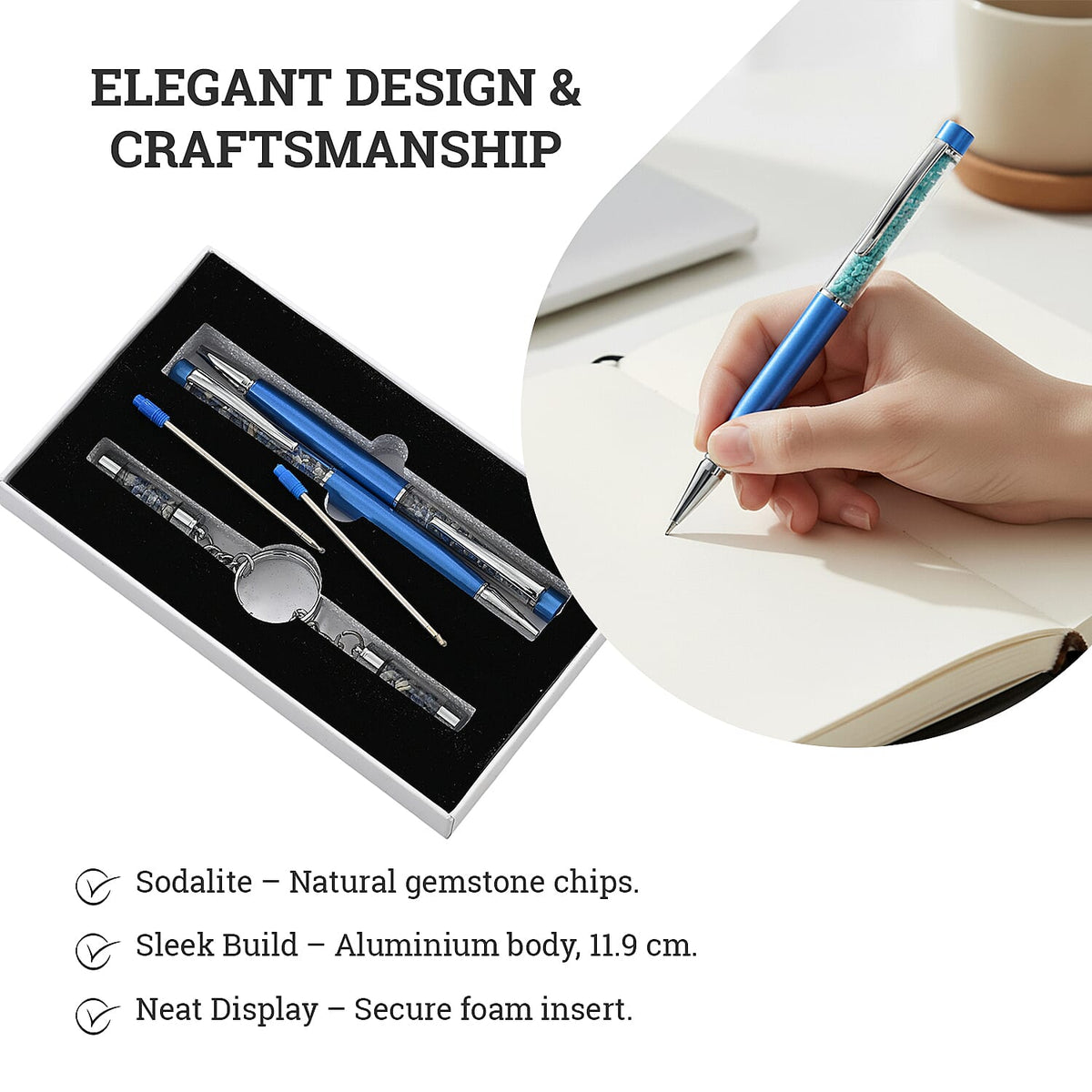 LIVMORE Luxury Set of 2 Sodalite Filled Pens With Refills and 2 Sodalite Filled Key Chains- Charms 8256411 3