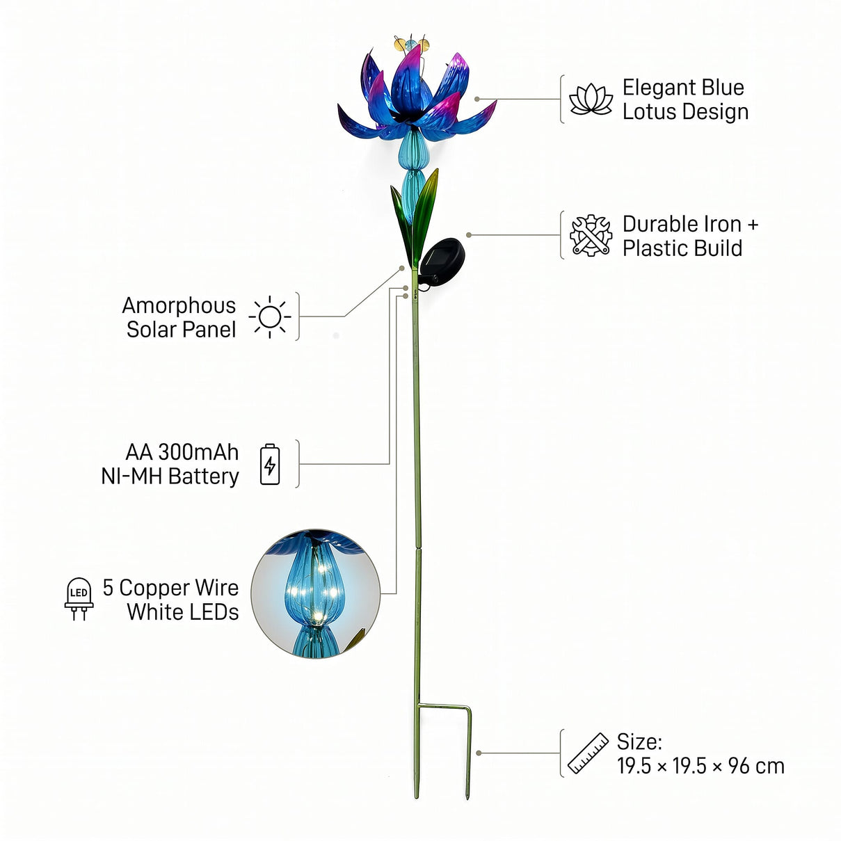 LIVMORE Solar Lotus Flower Garden Stake (96cm) - Blue 8412756 5