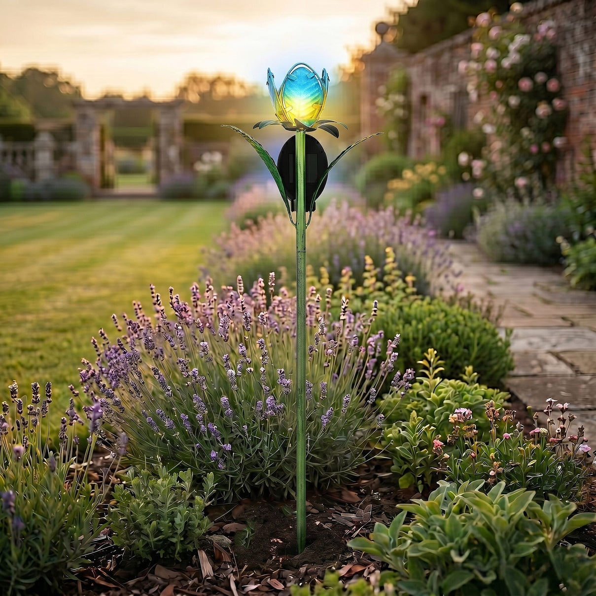 LIVMORE Solar Glass Flower Garden Stake (37cm) - Blue &amp; Green V32515142 1