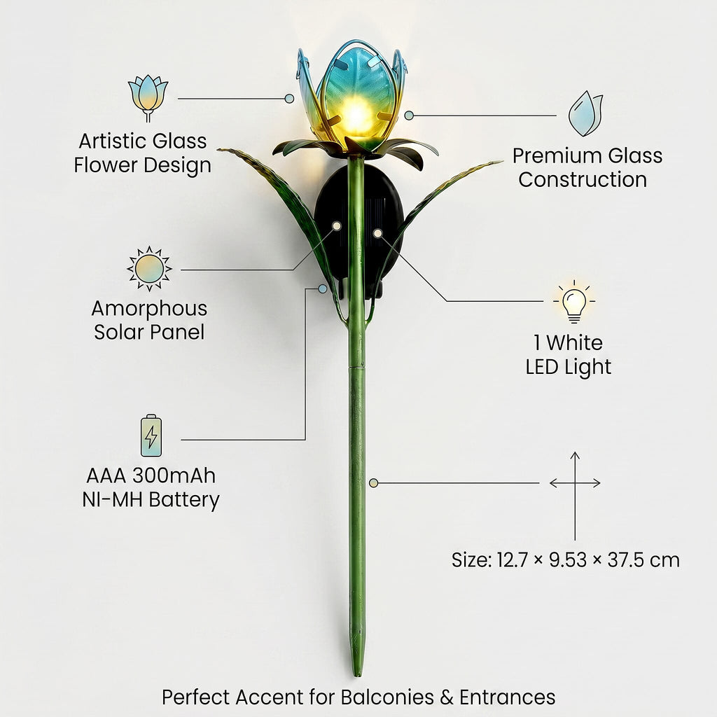 LIVMORE Solar Glass Flower Garden Stake (37cm) - Blue & Green