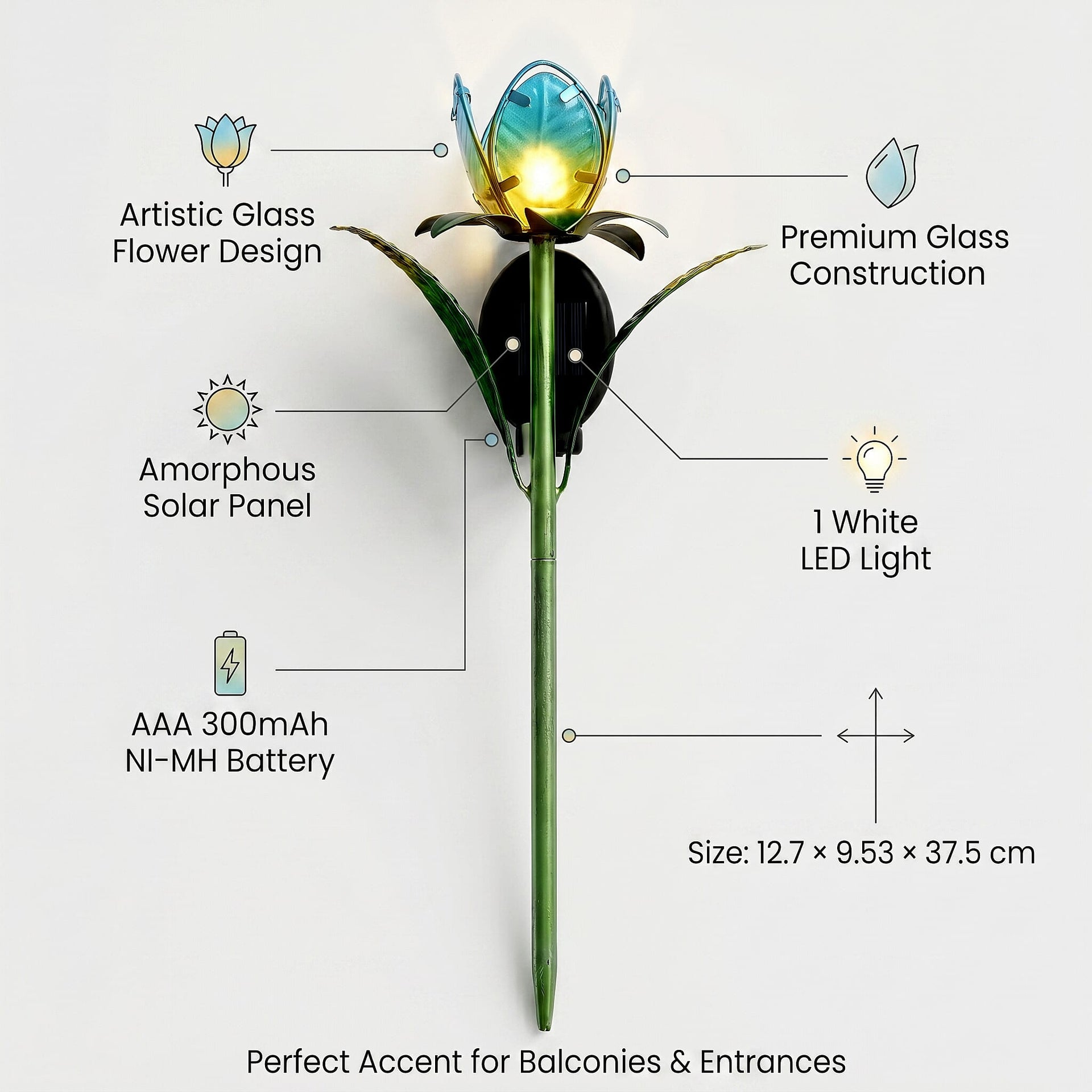LIVMORE Solar Glass Flower Garden Stake (37cm) - Blue &amp; Green V32515142 5