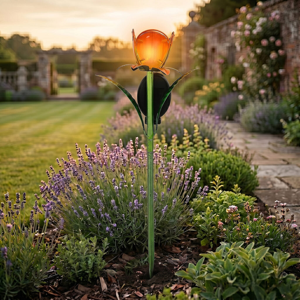 LIVMORE Solar Glass Flower Garden Stake (37cm) - Orange & Green