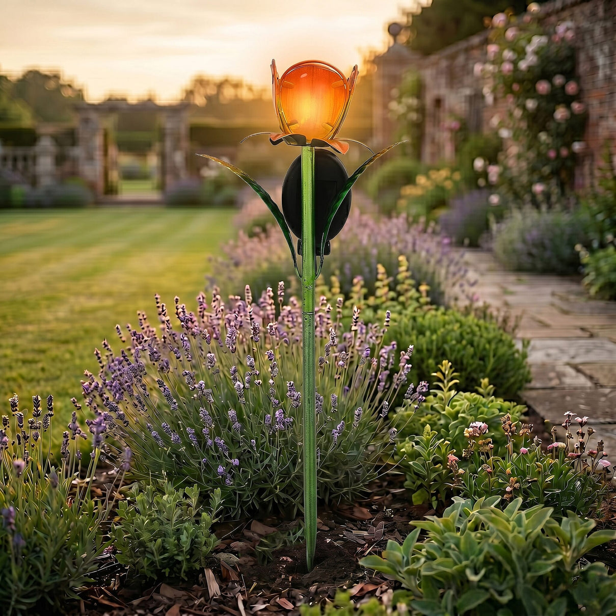 LIVMORE Solar Glass Flower Garden Stake (37cm) - Orange &amp; Green V32515516 1