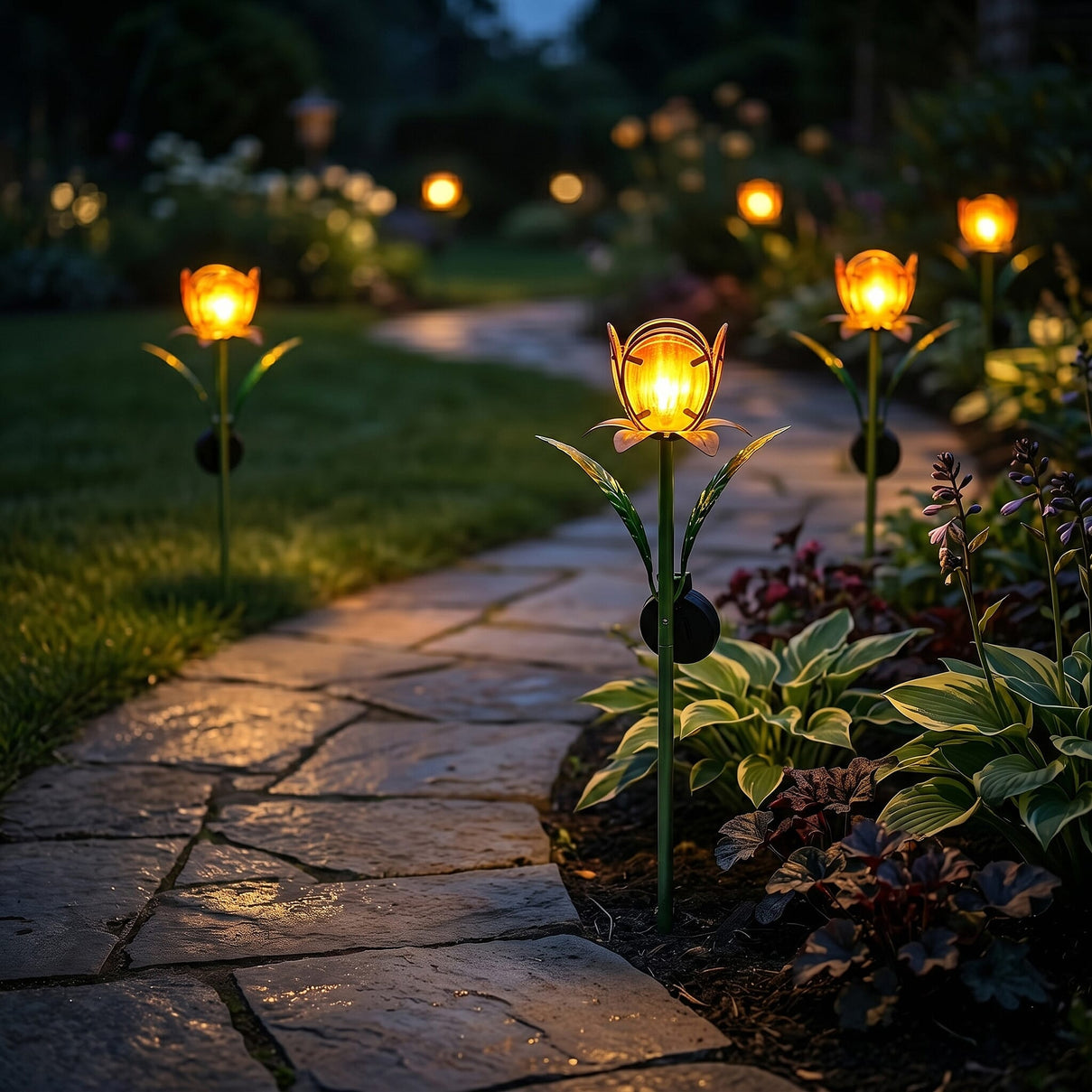 LIVMORE Solar Glass Flower Garden Stake (37cm) - Orange &amp; Green V32515516 2