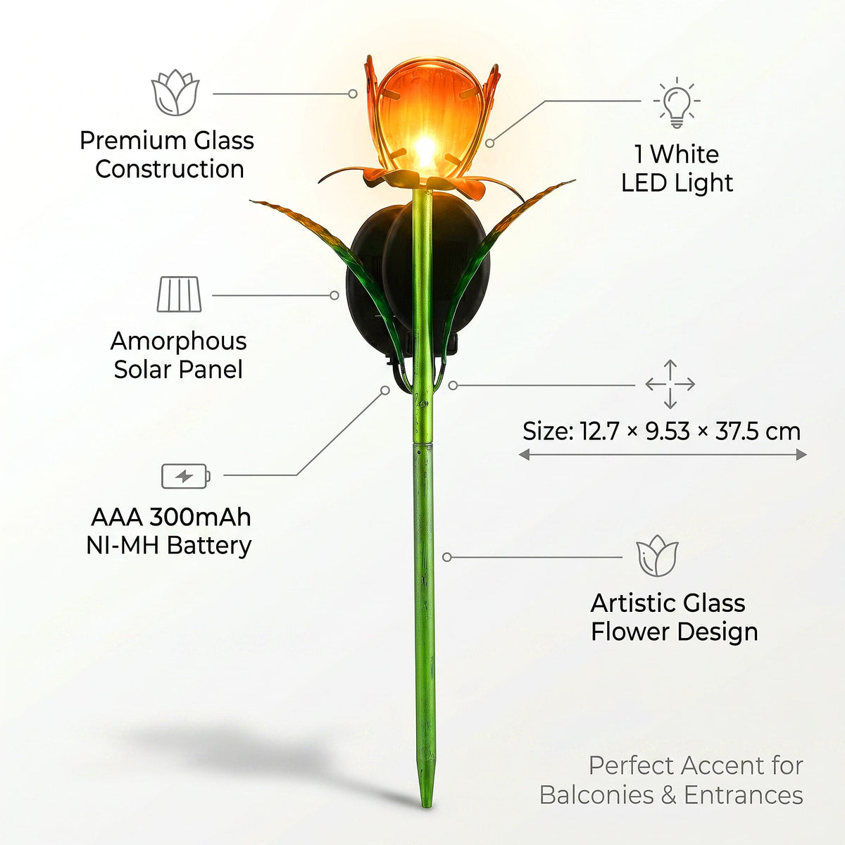 LIVMORE Solar Glass Flower Garden Stake (37cm) - Orange &amp; Green V32515516 5