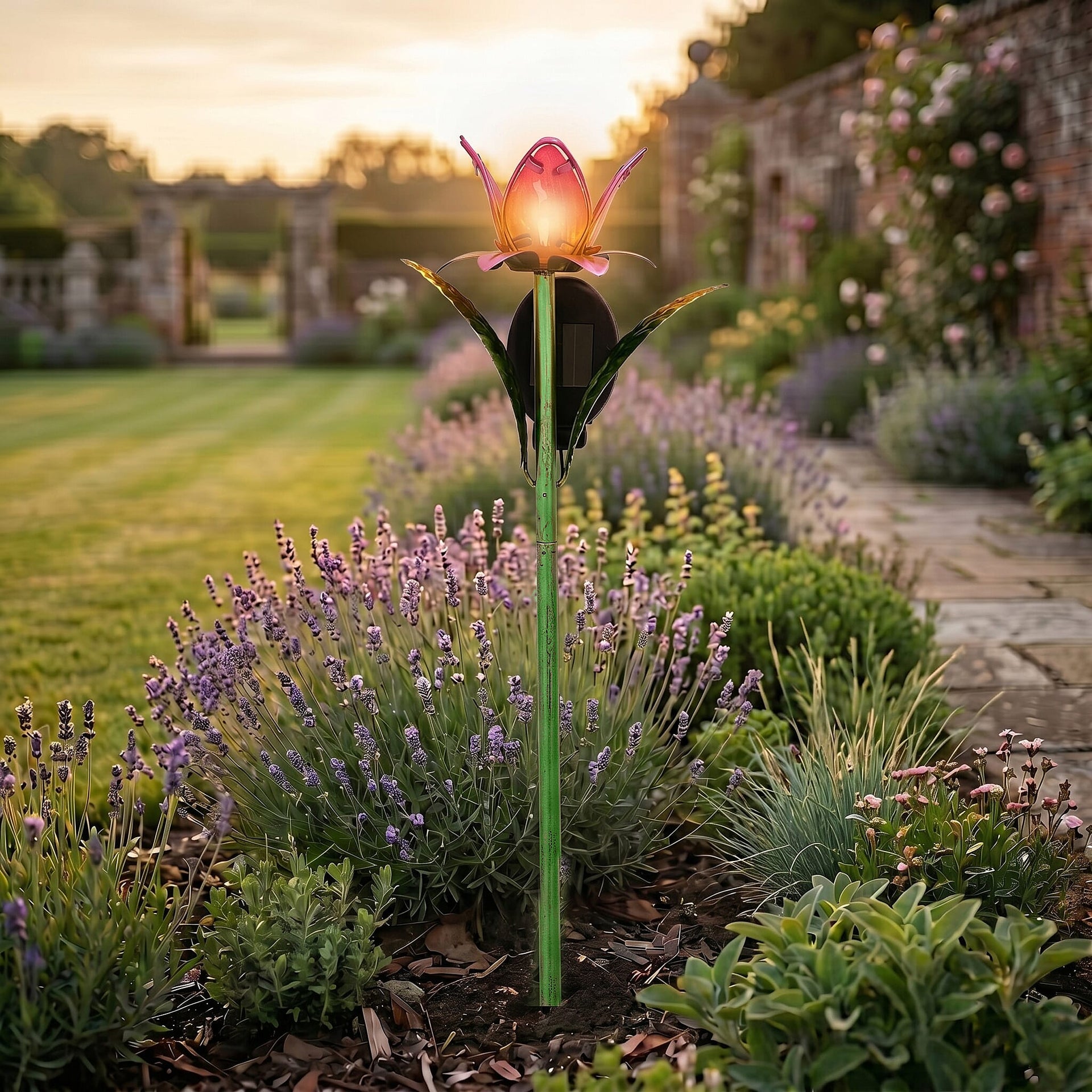 LIVMORE Solar Glass Flower Garden Stake (37cm) - Pink &amp; Green V32515508 1