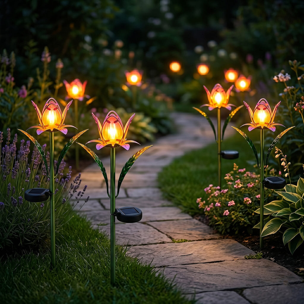 LIVMORE Solar Glass Flower Garden Stake (37cm) - Pink & Green