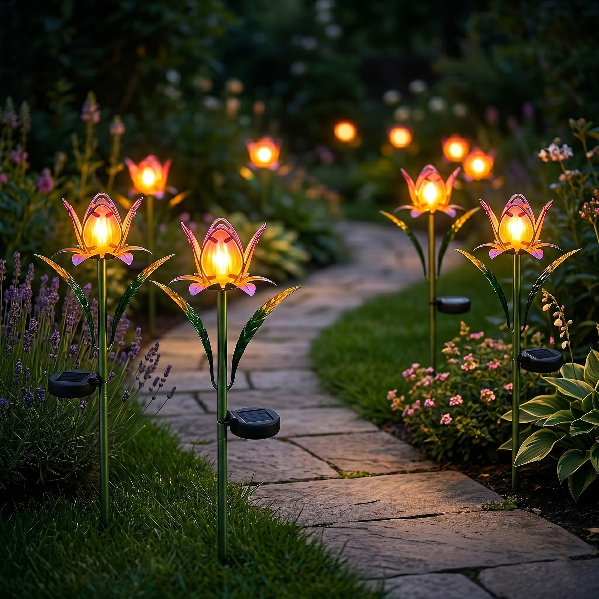 LIVMORE Solar Glass Flower Garden Stake (37cm) - Pink &amp; Green V32515508 3