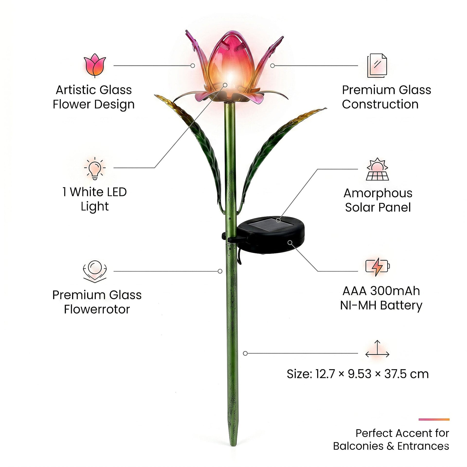 LIVMORE Solar Glass Flower Garden Stake (37cm) - Pink &amp; Green V32515508 5