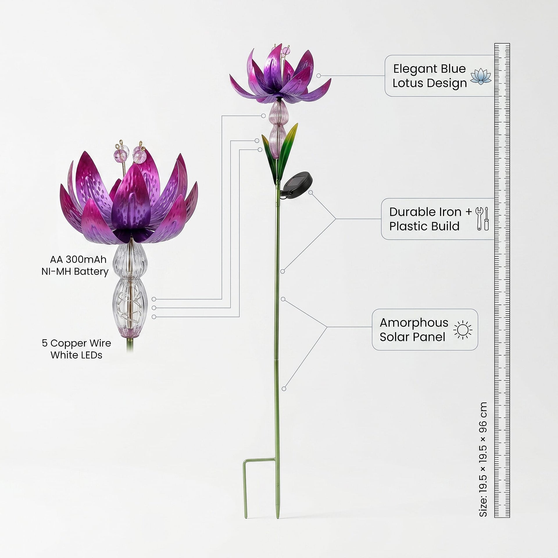 LIVMORE Solar Lotus Flower Garden Stake (96cm) - Purple V32520569 5