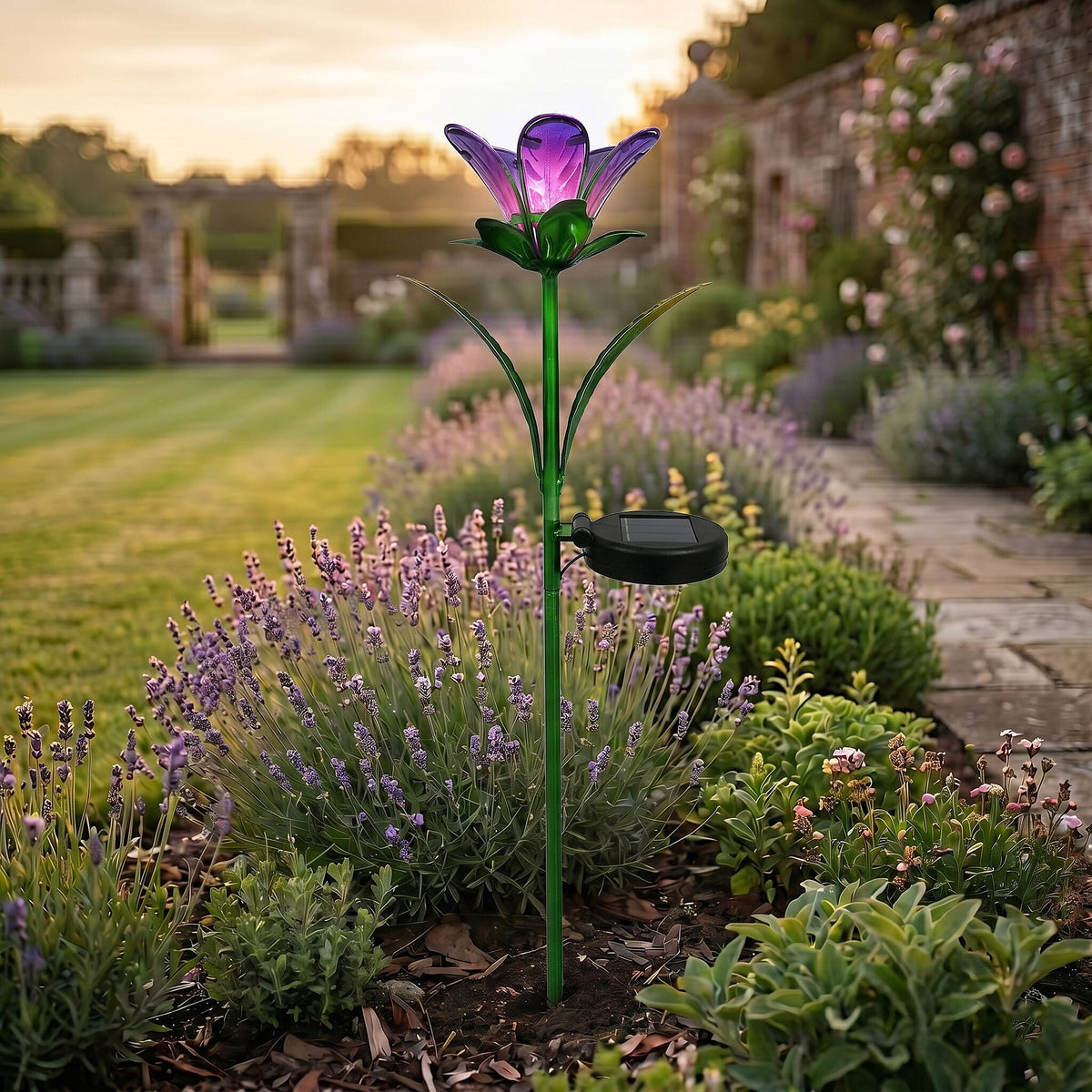 LIVMORE Solar Glass Flower Garden Stake (38cm) - Purple &amp; Green V32514609 1
