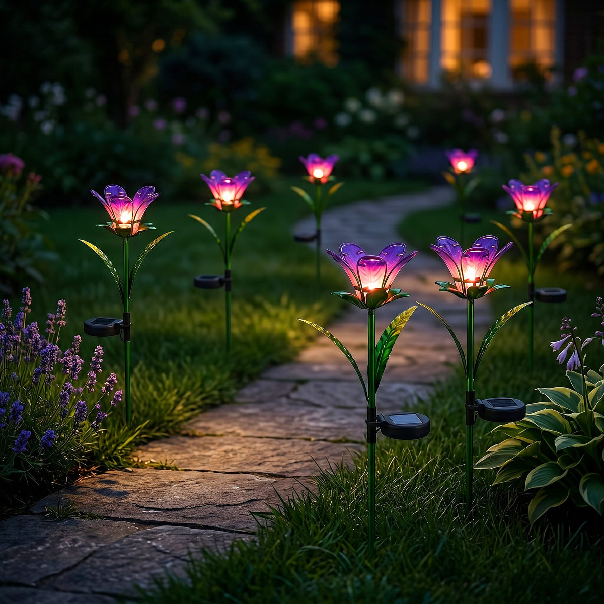 LIVMORE Solar Glass Flower Garden Stake (38cm) - Purple &amp; Green V32514609 2